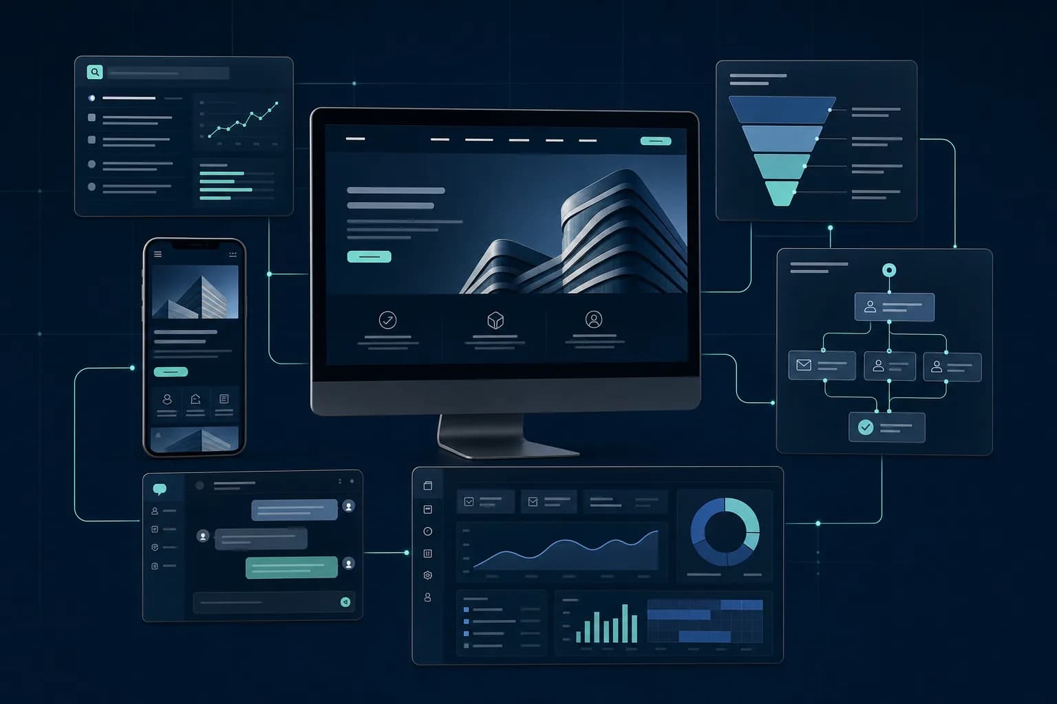 Connected digital growth workspace combining a responsive website, search visibility, campaigns, automation and analytics